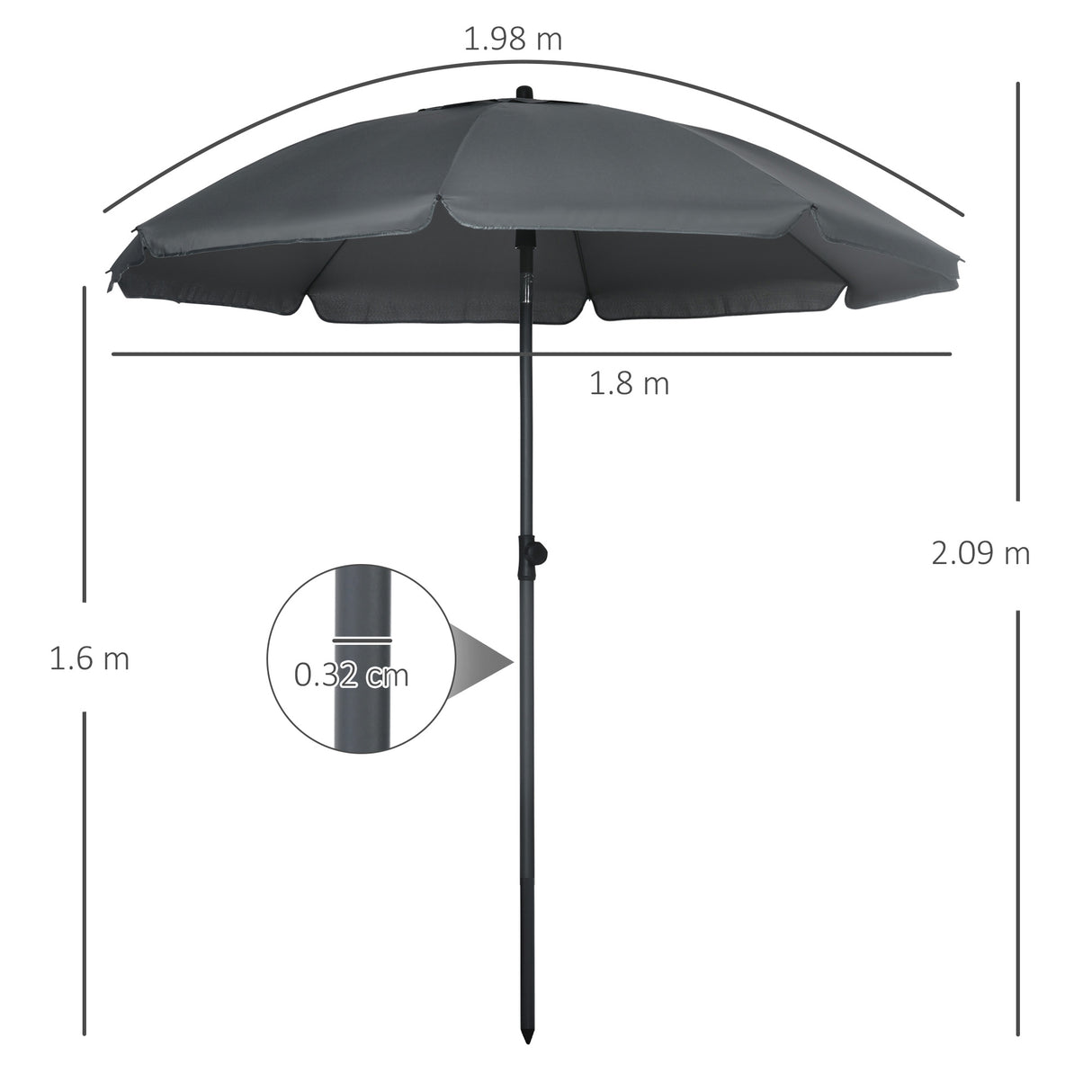 easycomfort ombrellone da spiaggia 1.8x2 m in poliestere e acciaio a 8 stecche con reclinazione a 45 grigio