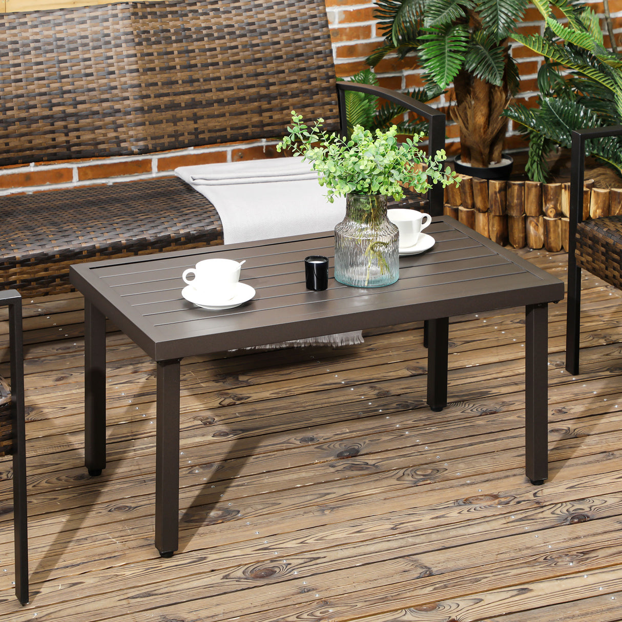 easycomfort tavolino da caffe in acciaio con piedini regolabili e piano a doghe 91x51x46 cm marrone