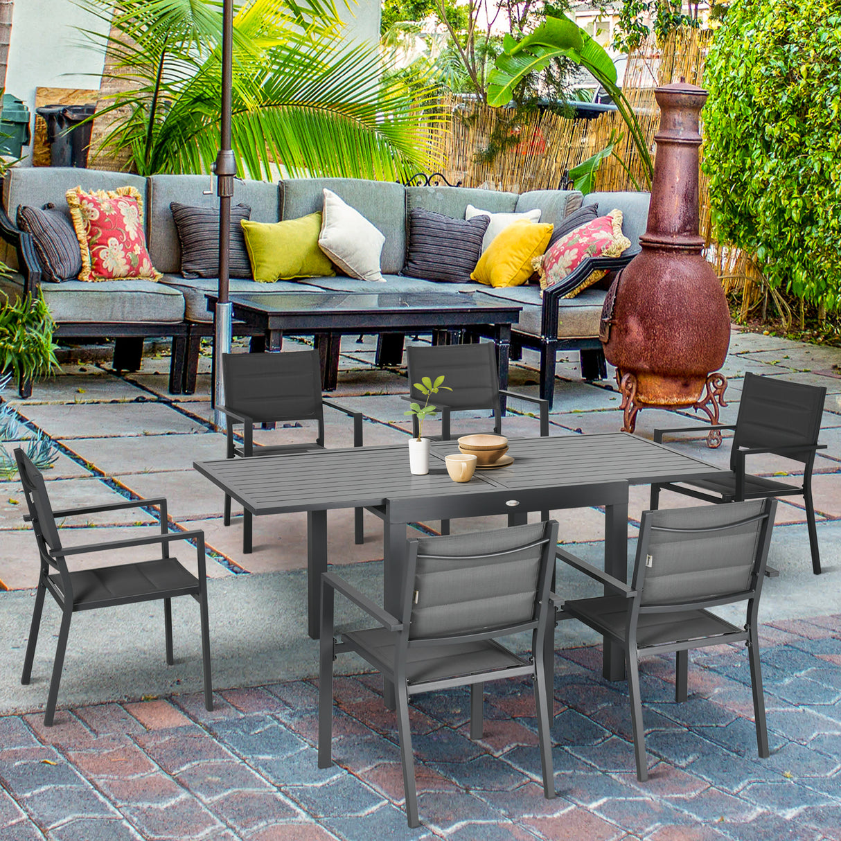 easycomfort easycomfort set da giardino 7 pezzi con tavolo allungabile e 6 sedie da giardino con seduta traspirante