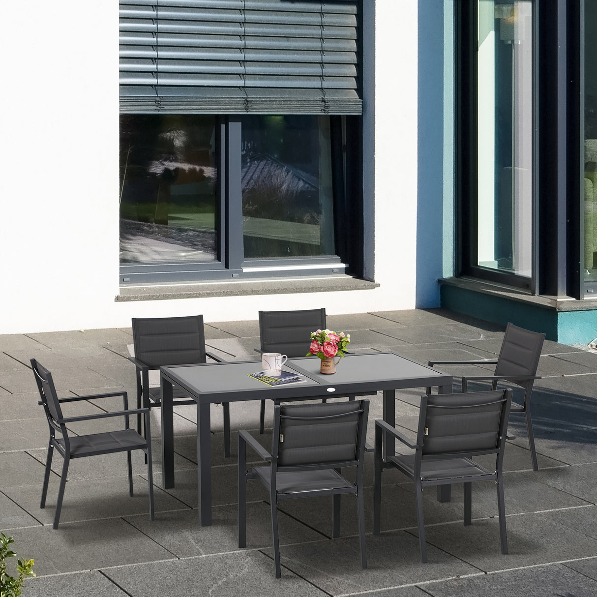 easycomfort easycomfort set da giardino con tavolo allungabile in vetro e 6 sedie con seduta traspirante grigio scuro