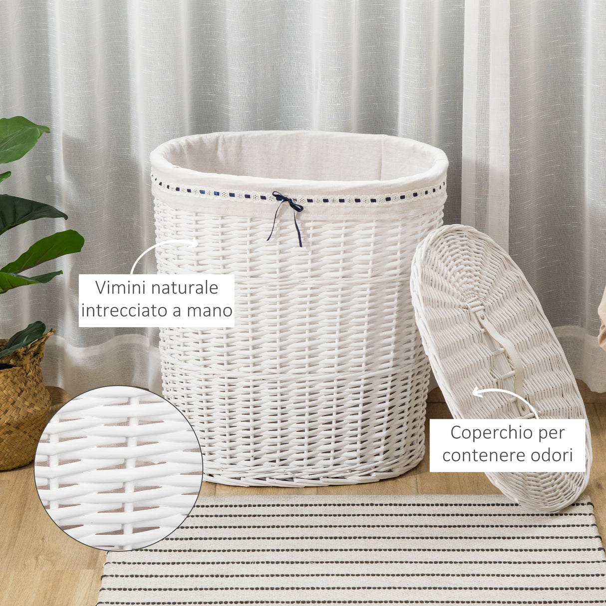 easycomfort easycomfort cesto portabiancheria in vimini con coperchio e sacco interno in tessuto lavabile bianco