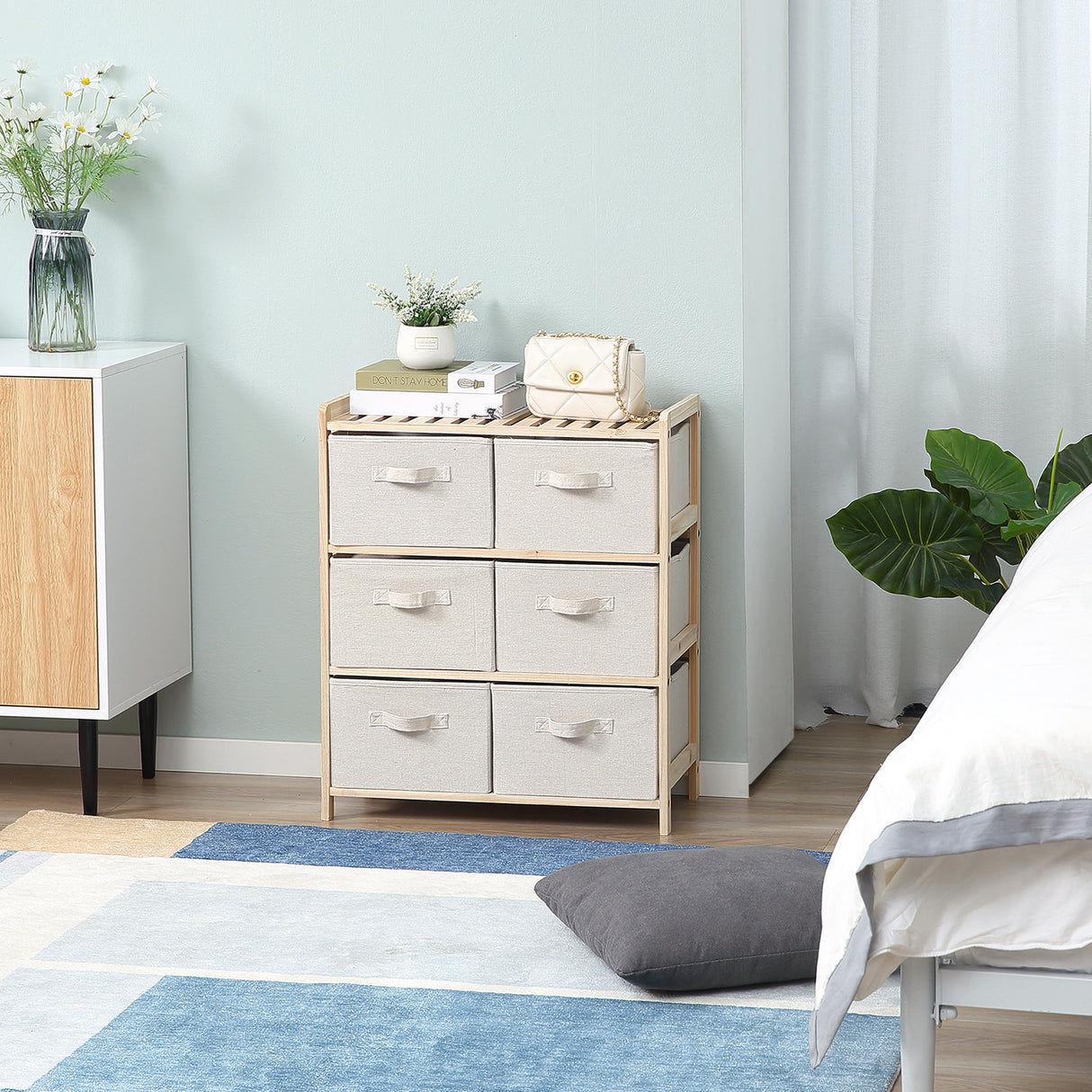 easycomfort easycomfort cassettiera con 6 cassetti in tessuto pieghevoli ed estraibili 59x28x70cm legnobeige