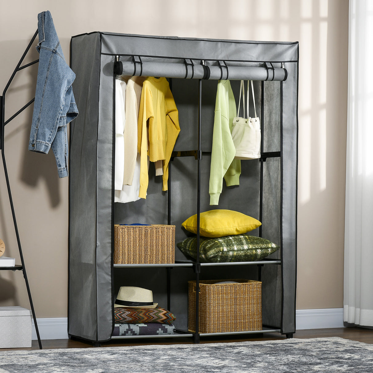 easycomfort easycomfort armadio guardaroba portatile in tessuto non tessuto con 4 ripiani aperti e 2 appendini 118x49x170 cm grigio