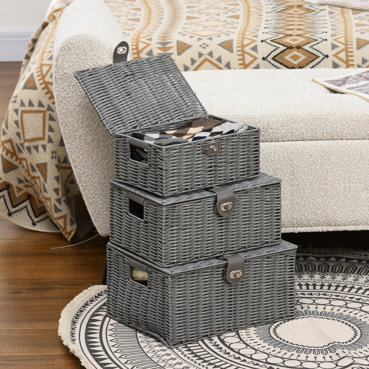 easycomfort easycomfort set di 3 cesti in vimini pp con coperchio di diverse dimensioni grigio