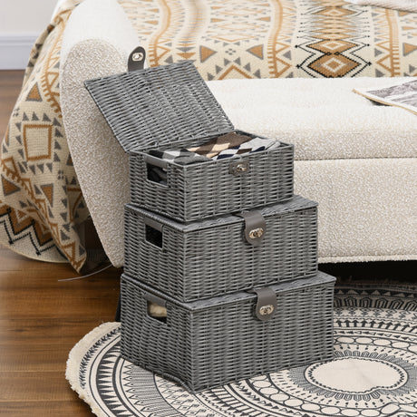 easycomfort easycomfort set di 3 cesti in vimini pp con coperchio di diverse dimensioni grigio