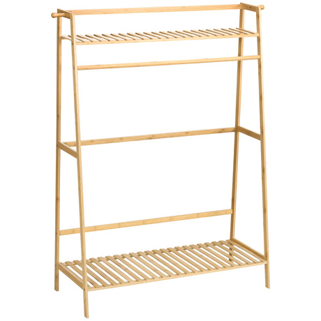 easycomfort easycomfort appendiabiti in bambu design rialzato a 2 livelli con barra e 2 ganci 114x40x139 cm