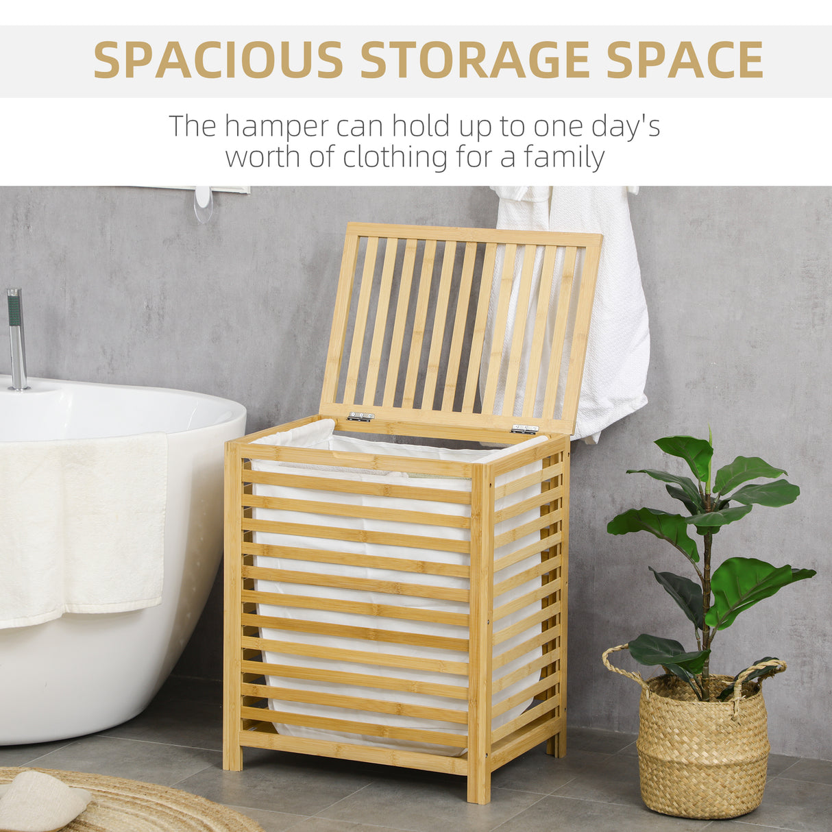 easycomfort easycomfort cesto portabiancheria a doghe in bambu e tessuto con coperchio e sacca rimovibile 50x36x60 cm