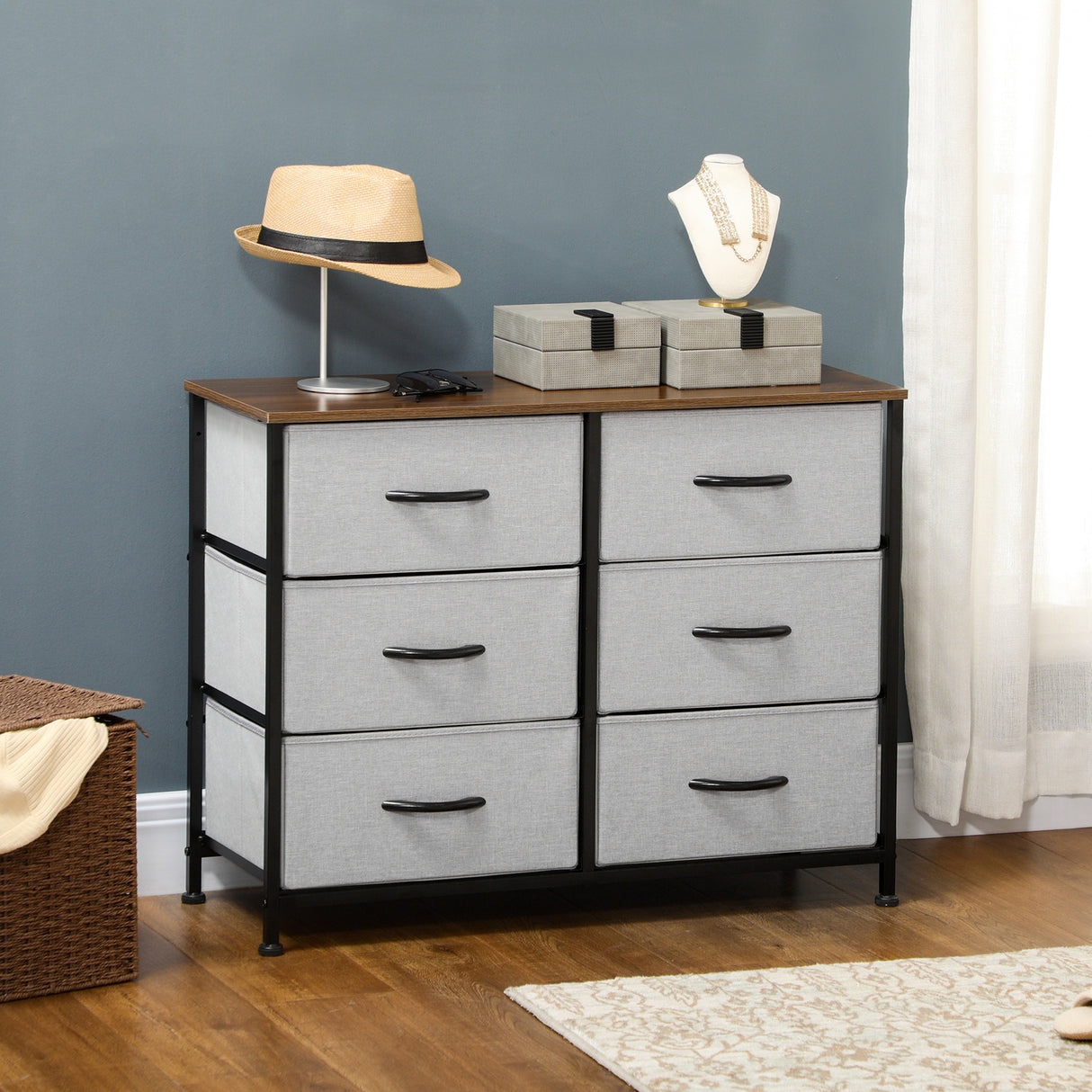 easycomfort easycomfort cassettiera 6 cassetti in tessuto rimovibili in legno e acciaio stile industriale 80x30x62 5cm