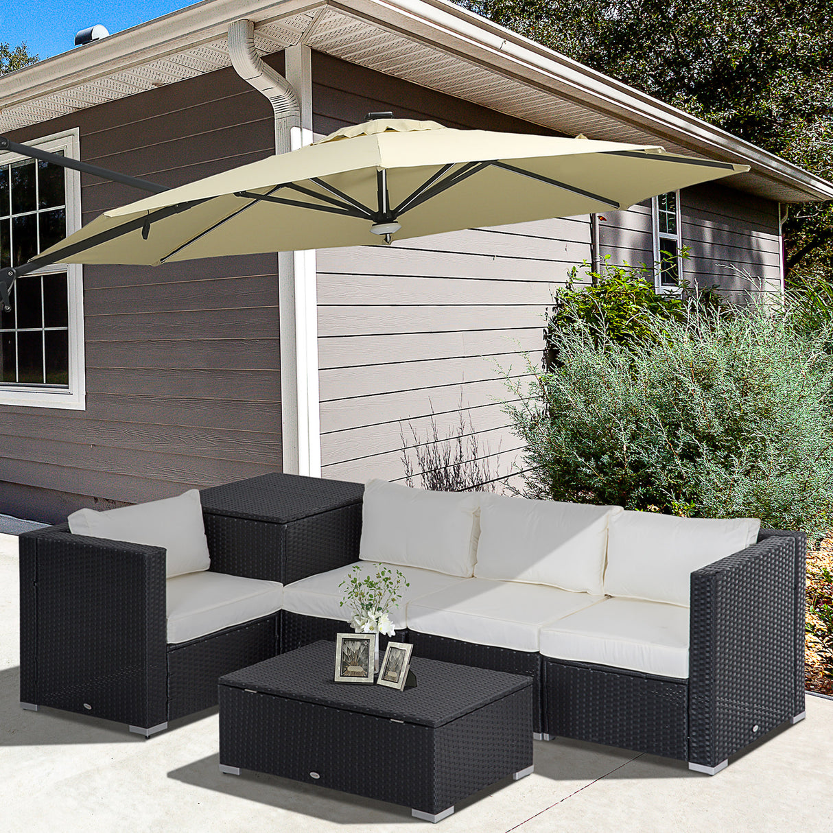 easycomfort set da giardino 6 pezzi 4 poltrone con cuscini e 2 tavolini contenitore in rattan pe nero e crema