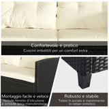 easycomfort easycomfort set mobili da giardino 4 pezzi in rattan pe e tavolino divano e poltrone imbottiti nero e beige 124x68x76cm
