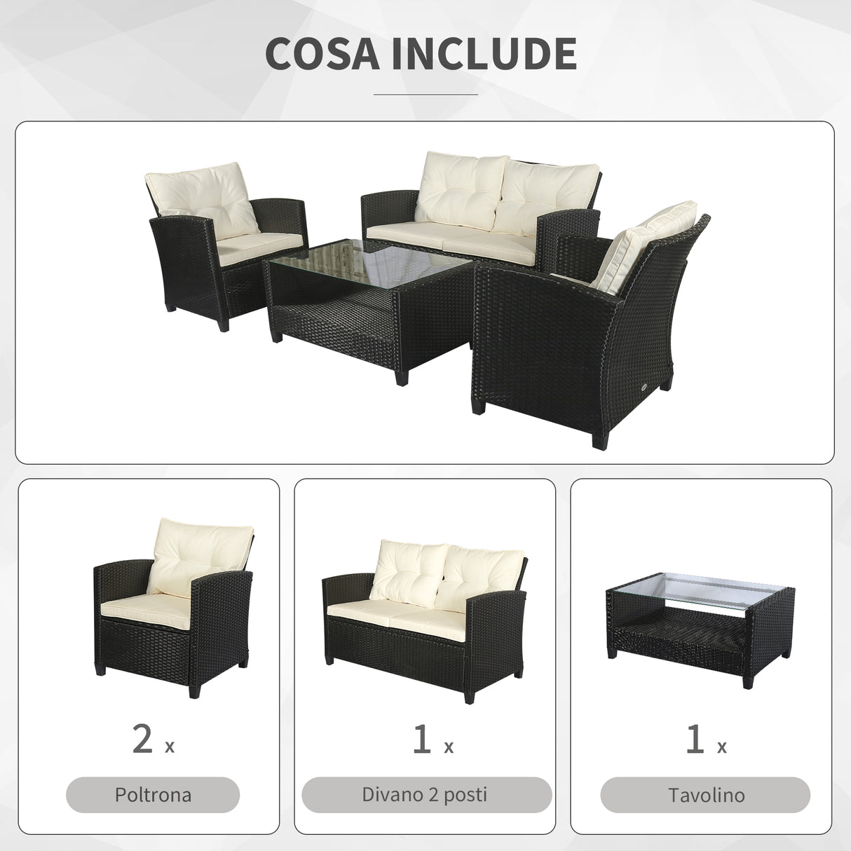 easycomfort easycomfort set mobili da giardino 4 pezzi in rattan pe e tavolino divano e poltrone imbottiti nero e beige 124x68x76cm