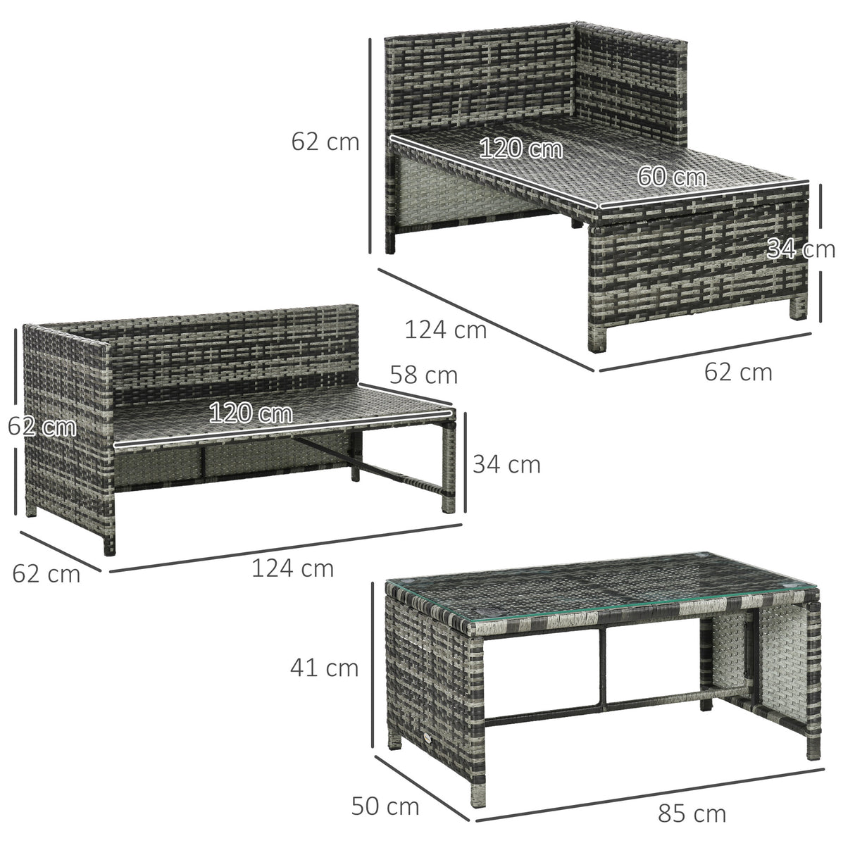 easycomfort easycomfort salotto da giardino con divanetto chaise longue e tavolino in rattan pe con cuscini grigio