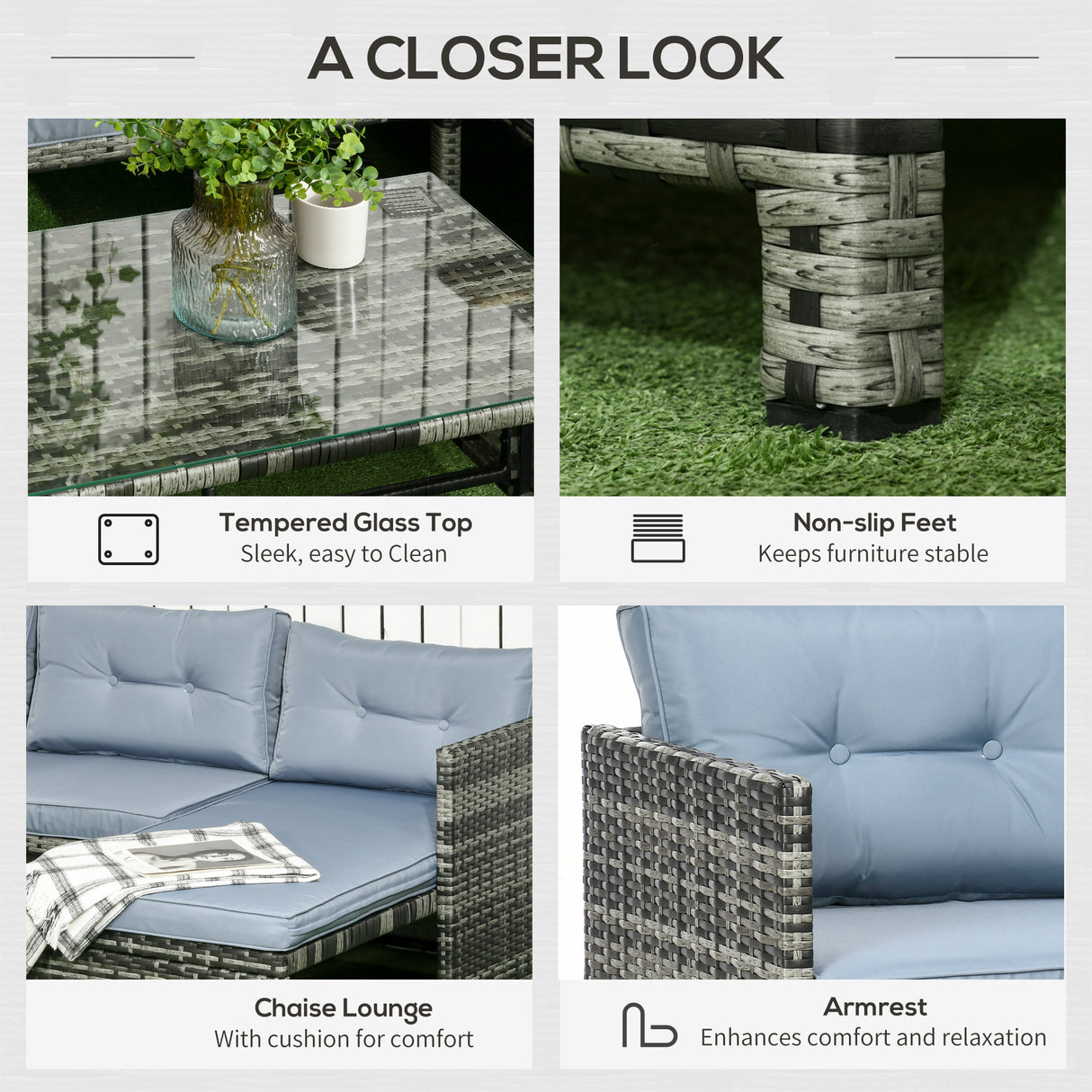 easycomfort easycomfort salotto da giardino con divanetto chaise longue e tavolino in rattan pe con cuscini grigio