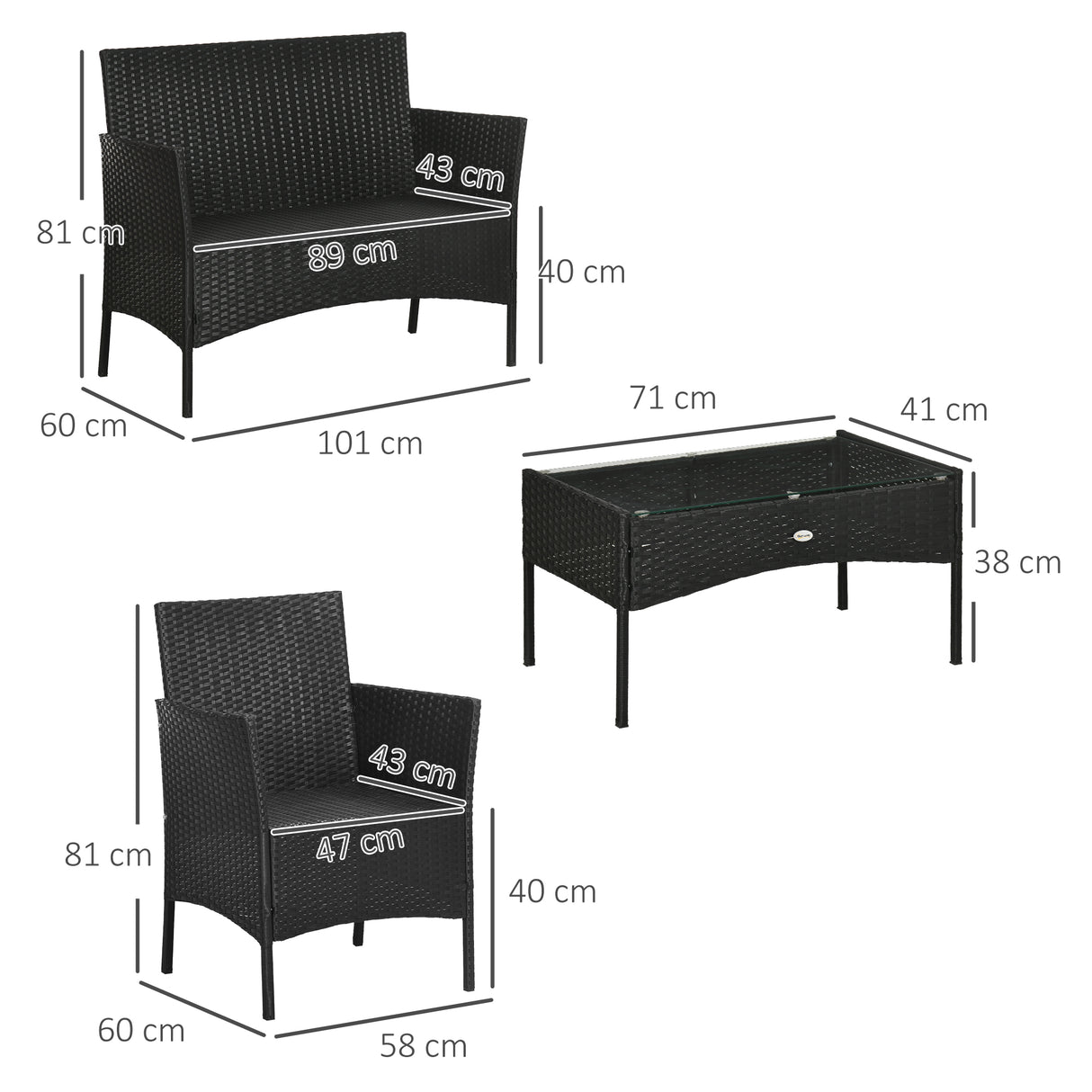 easycomfort easycomfort set da giardino 4pezzi in rattan con 2 sedie poltrona da giardino a 2 posti e tavolino basso