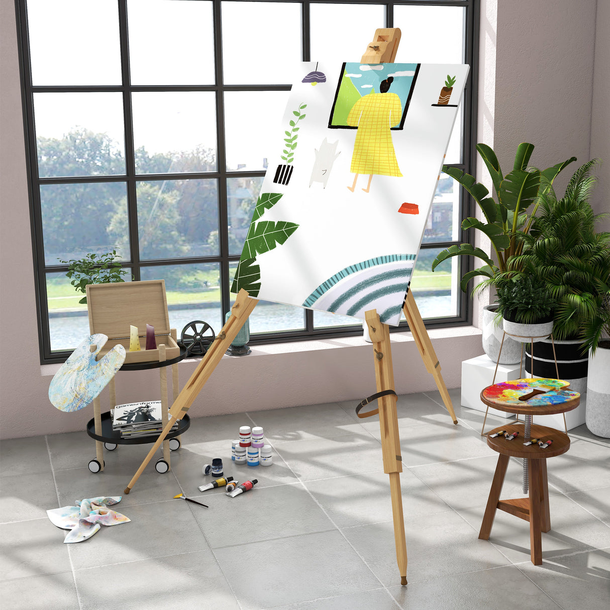 easycomfort easycomfort cavalletto per pittura salvaspazio in legno di faggio con altezza e angolazione regolabile 93x84x183 cm