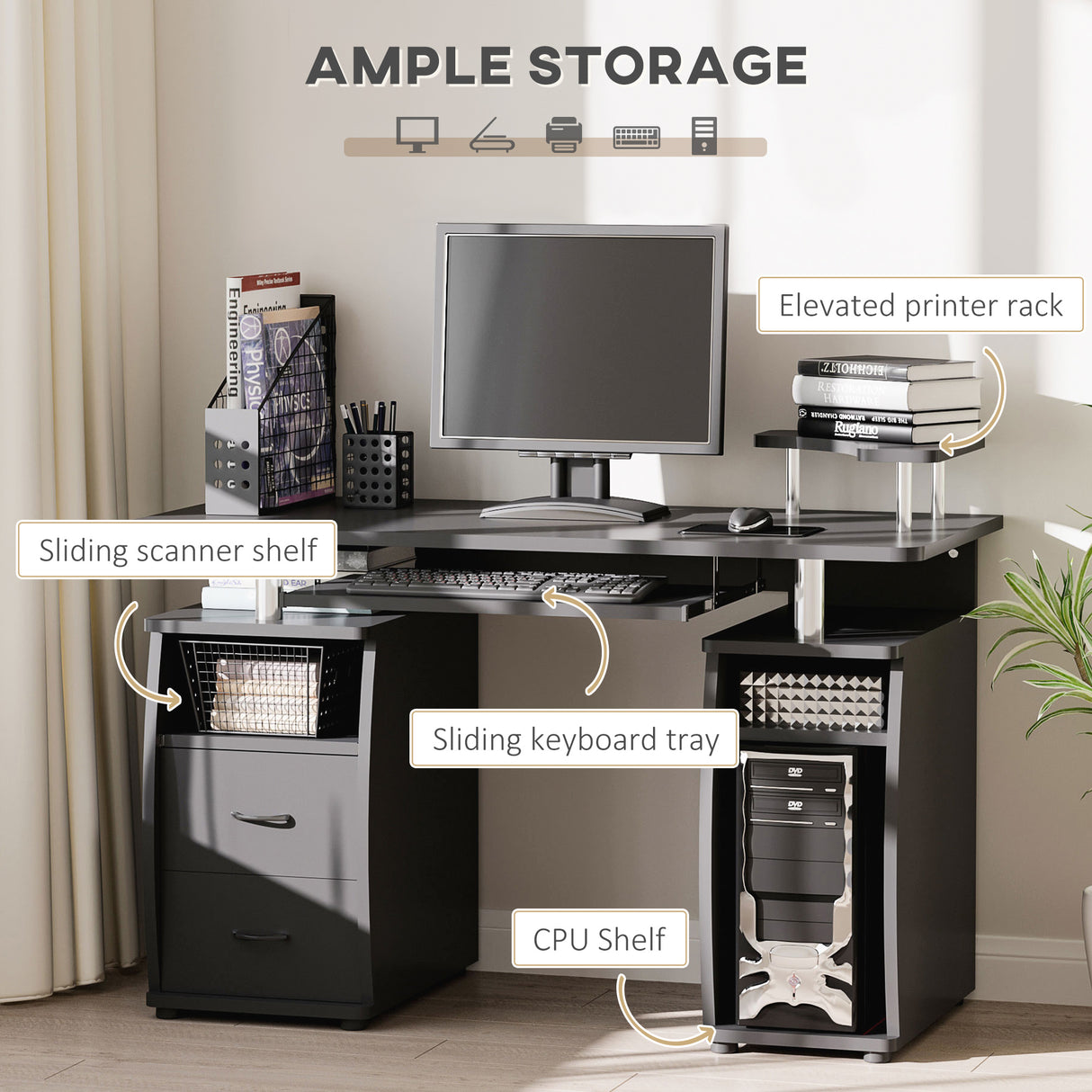 easycomfort easycomfort scrivania per computer moderna porta pc scrivania da ufficio in legno con cassetti mensola estraibile e porta tastiera 120x55x85cm nero