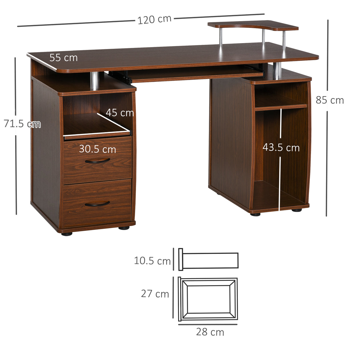 easycomfort easycomfort scrivania per computer moderna porta pc in legno con cassetti scrivania salvaspazio con libreria mensola estraibile e porta tastiera 120x55x85cm marrone ean 8054144132327