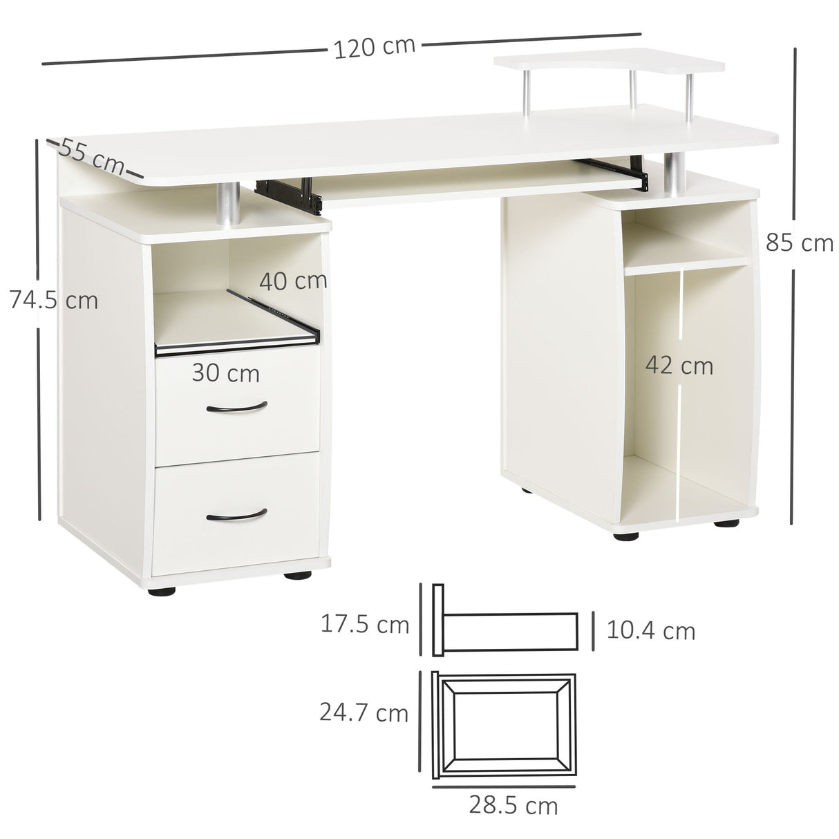 easycomfort easycomfort scrivania per pc con ripiano per tastiera e per monitor e 2 cassetti 120x55x85 cm bianca