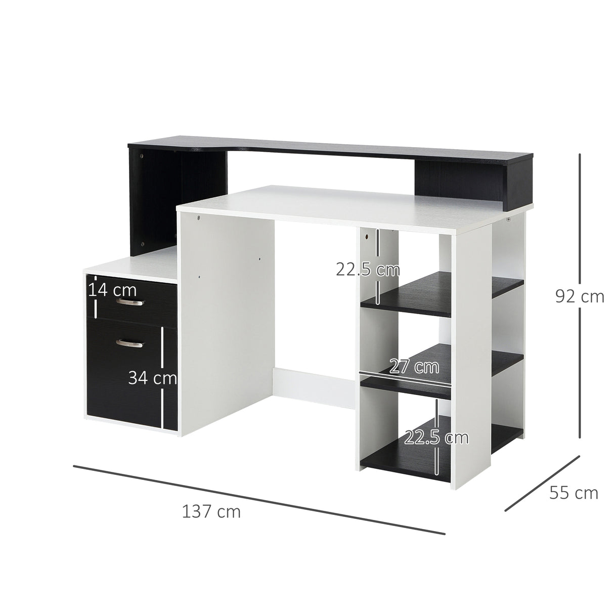 easycomfort easycomfort scrivania per ufficio con ripiano stampante 2 cassetti e 3 mensole in mdf bianco e nero 137 x 55 x 92cm ean 8054111847940