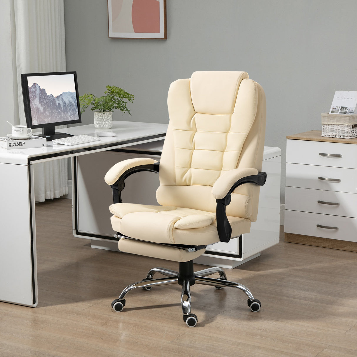 easycomfort easycomfort poltrona presidenziale in similpelle bianca con schienale reclinabile 145 e poggiapiedi 64 5x69x109 117 cm