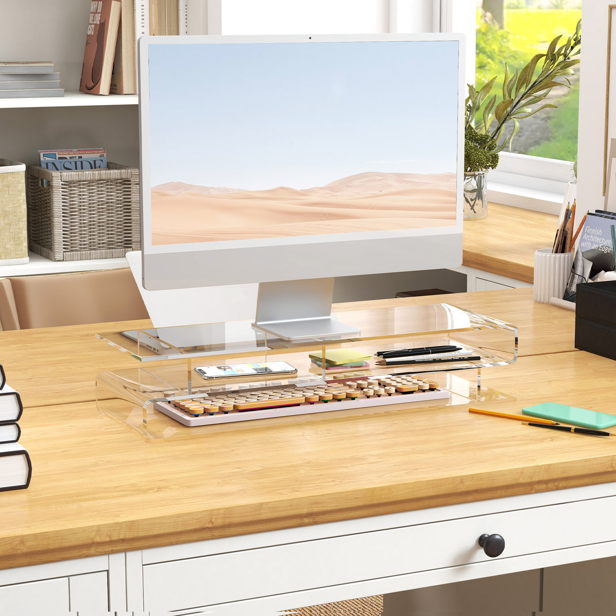 easycomfort easycomfort supporto per monitor pc in acrilico con scomparti centrali 57x19x11 5cm trasparente
