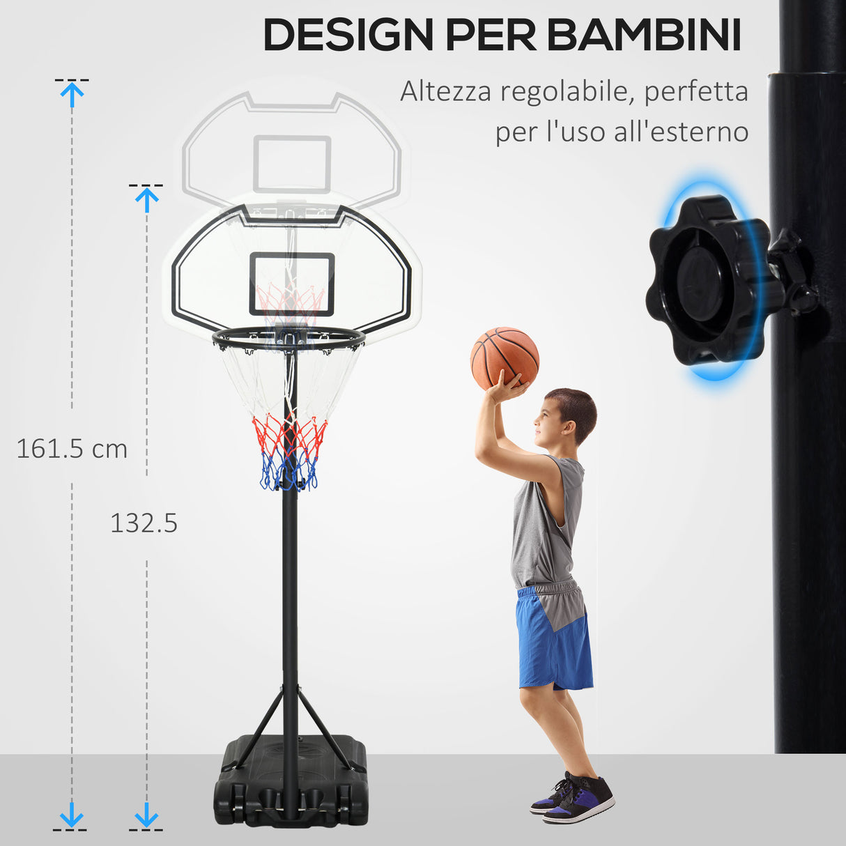 easycomfort canestro basket per bambini ad altezza regolabile 132.5   161.5 cm con base riempibile e ruote multicolore