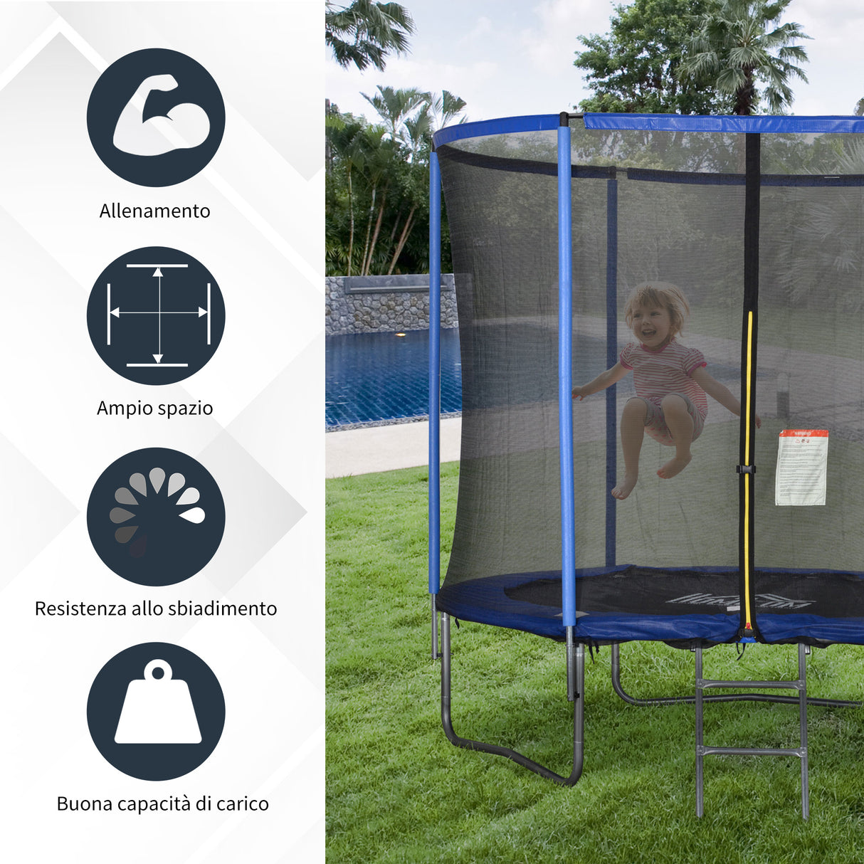 easycomfort easycomfort tappeto elastico per bambini e adulti con rete e bordo imbottito giochi da giardino e casa 244x240cm blu e nero ean 8054144139517