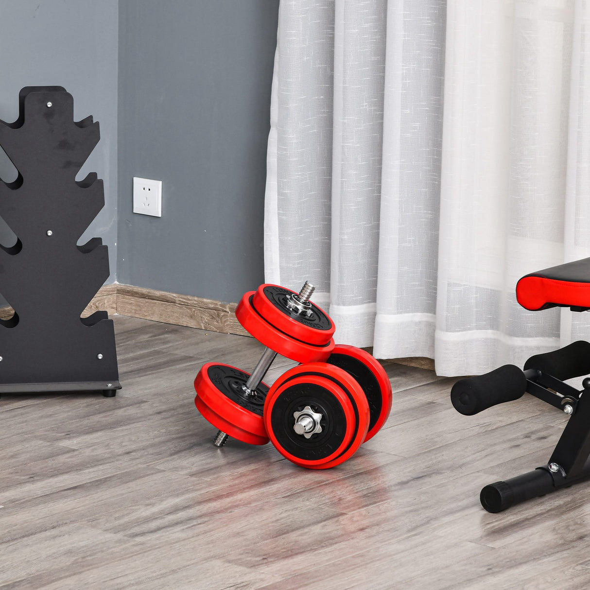 easycomfort set pesi da 20kg in dotazione 1 bilanciere e 2 manubri dischi con rivestimento in plastica antigraffio rosso