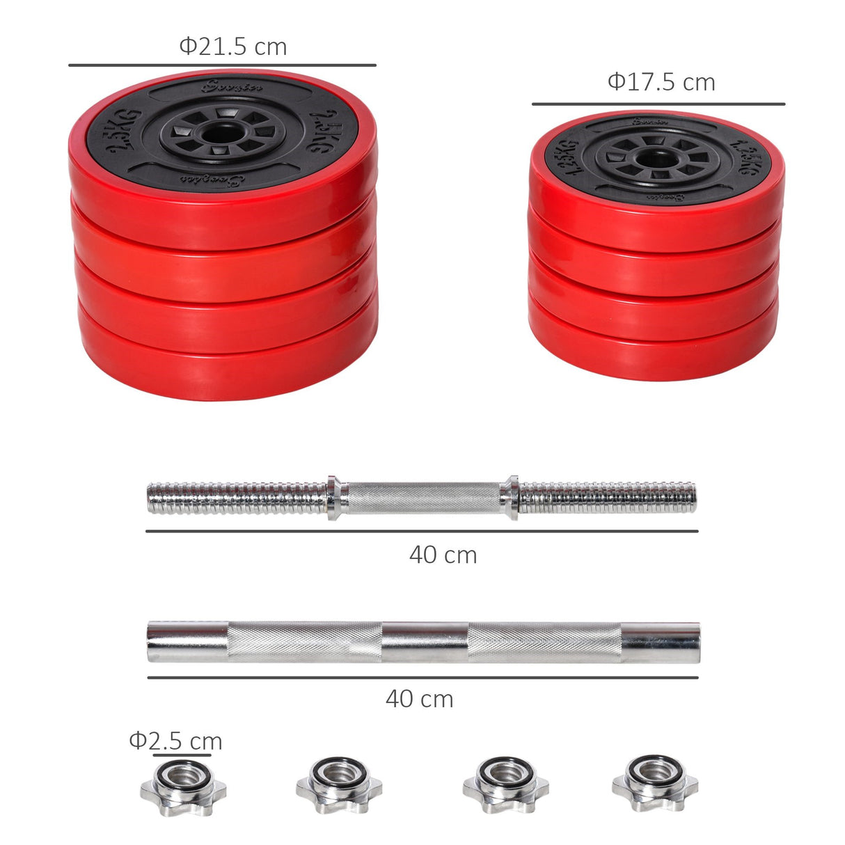 easycomfort set pesi da 20kg in dotazione 1 bilanciere e 2 manubri dischi con rivestimento in plastica antigraffio rosso