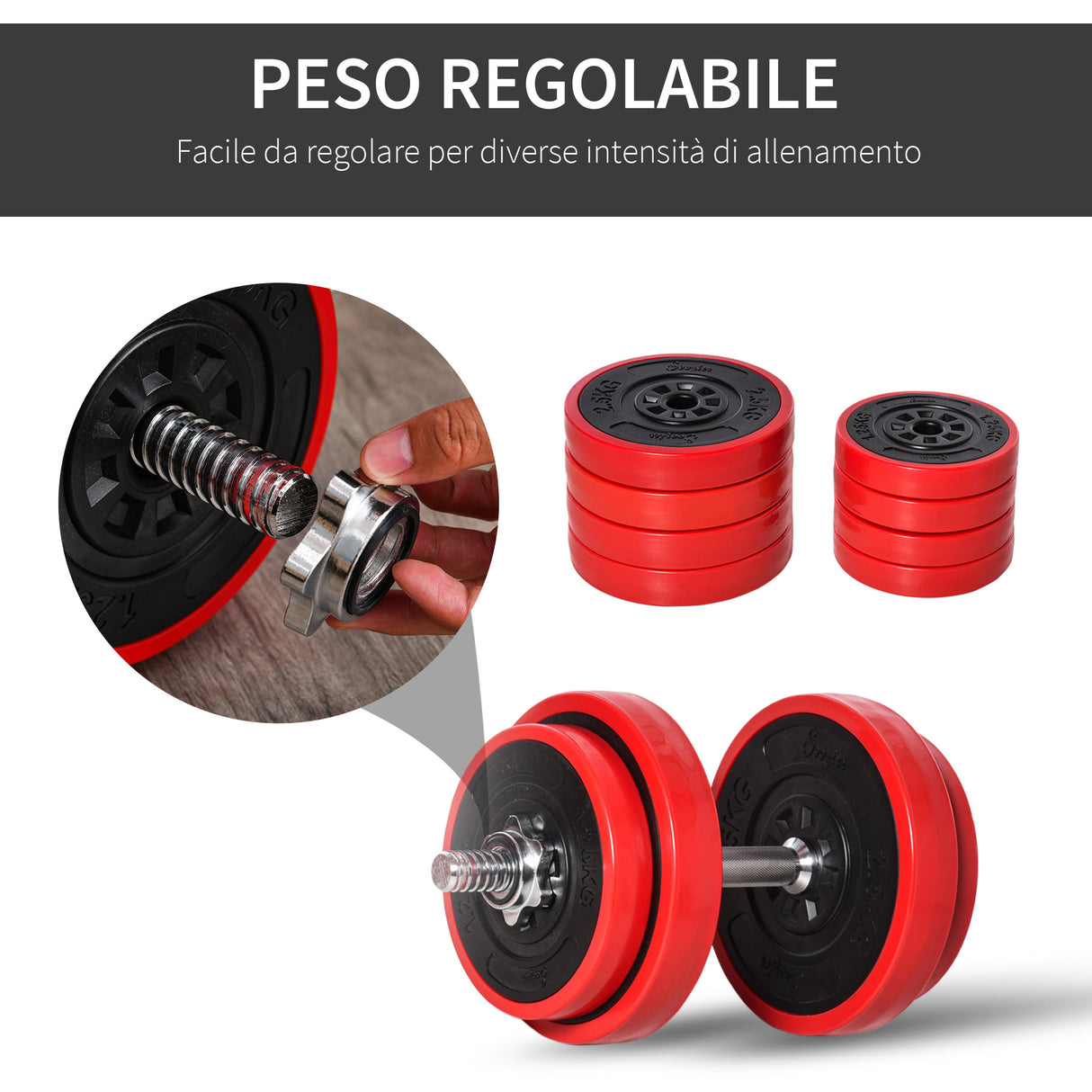 easycomfort set pesi da 20kg in dotazione 1 bilanciere e 2 manubri dischi con rivestimento in plastica antigraffio rosso