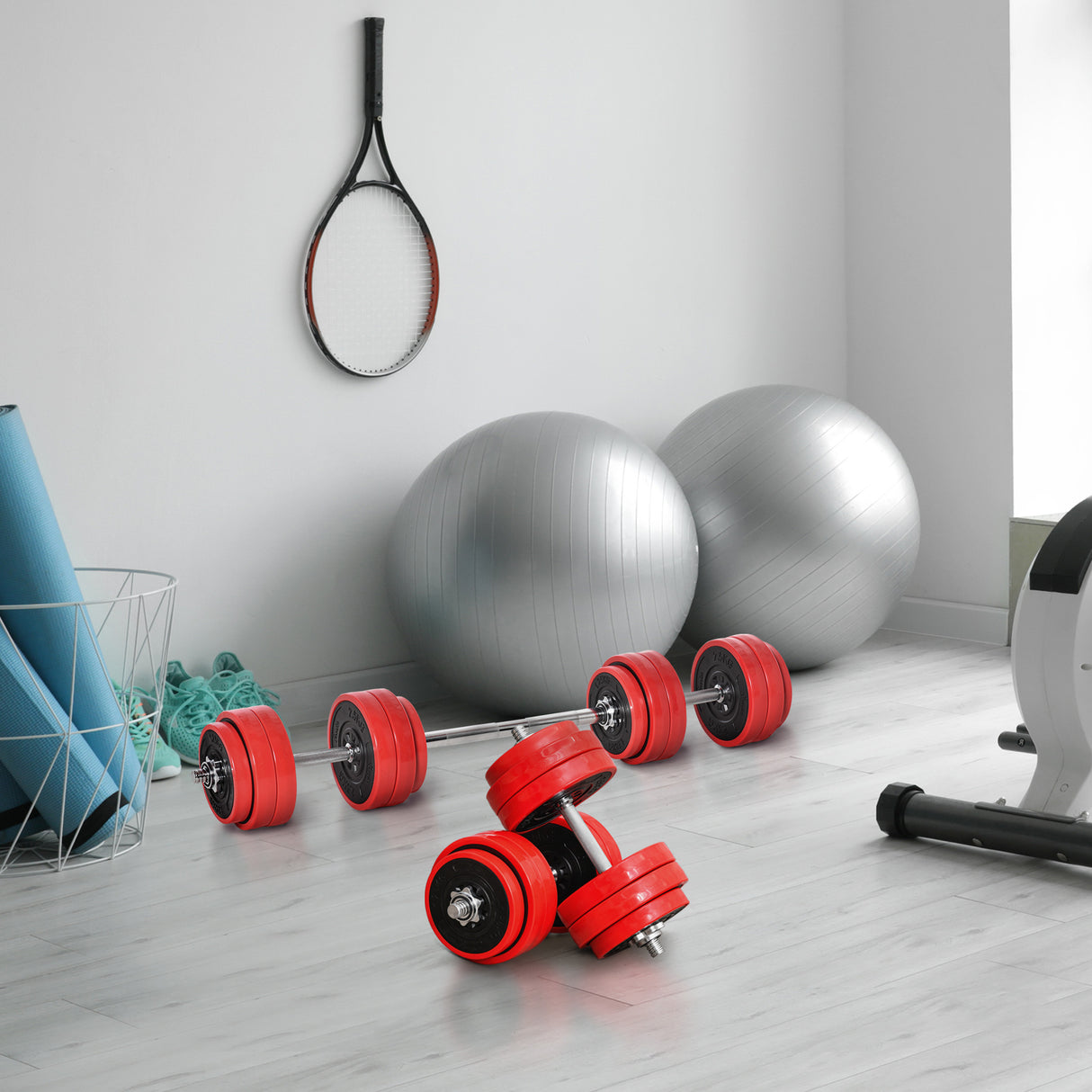 easycomfort set 2 in 1 bilanciere e manubri pesi da 30kg dischi con rivestimento in plastica antigraffio rosso