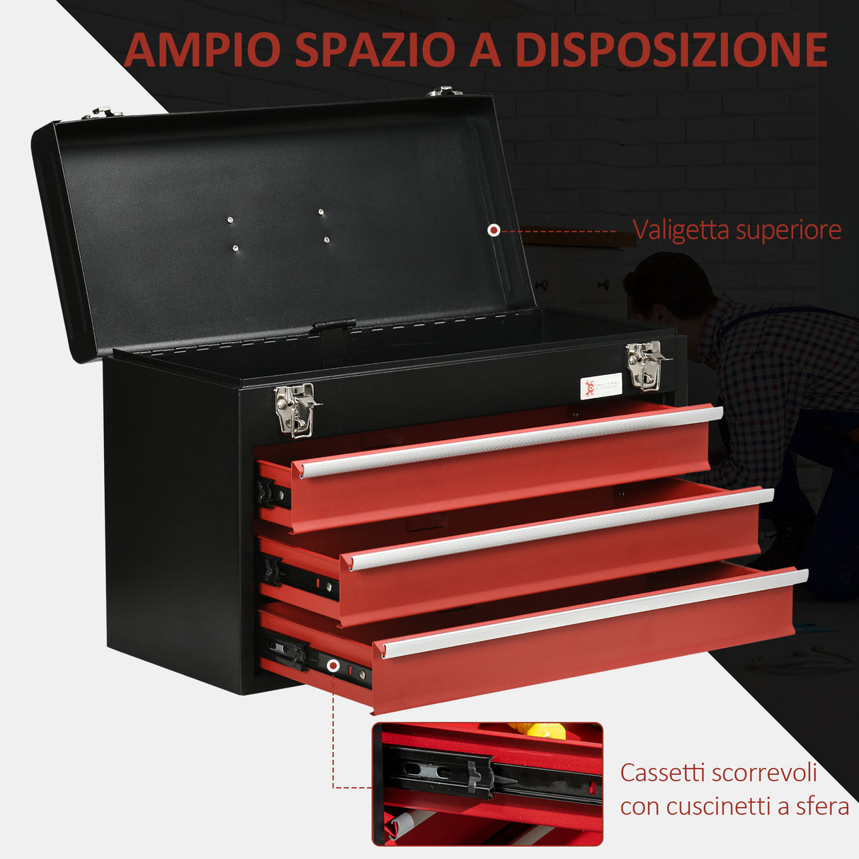 easycomfort cassetta porta attrezzi in acciaio con 3 cassetti e vassoio superiore 51x22x32 cm rosso e nero
