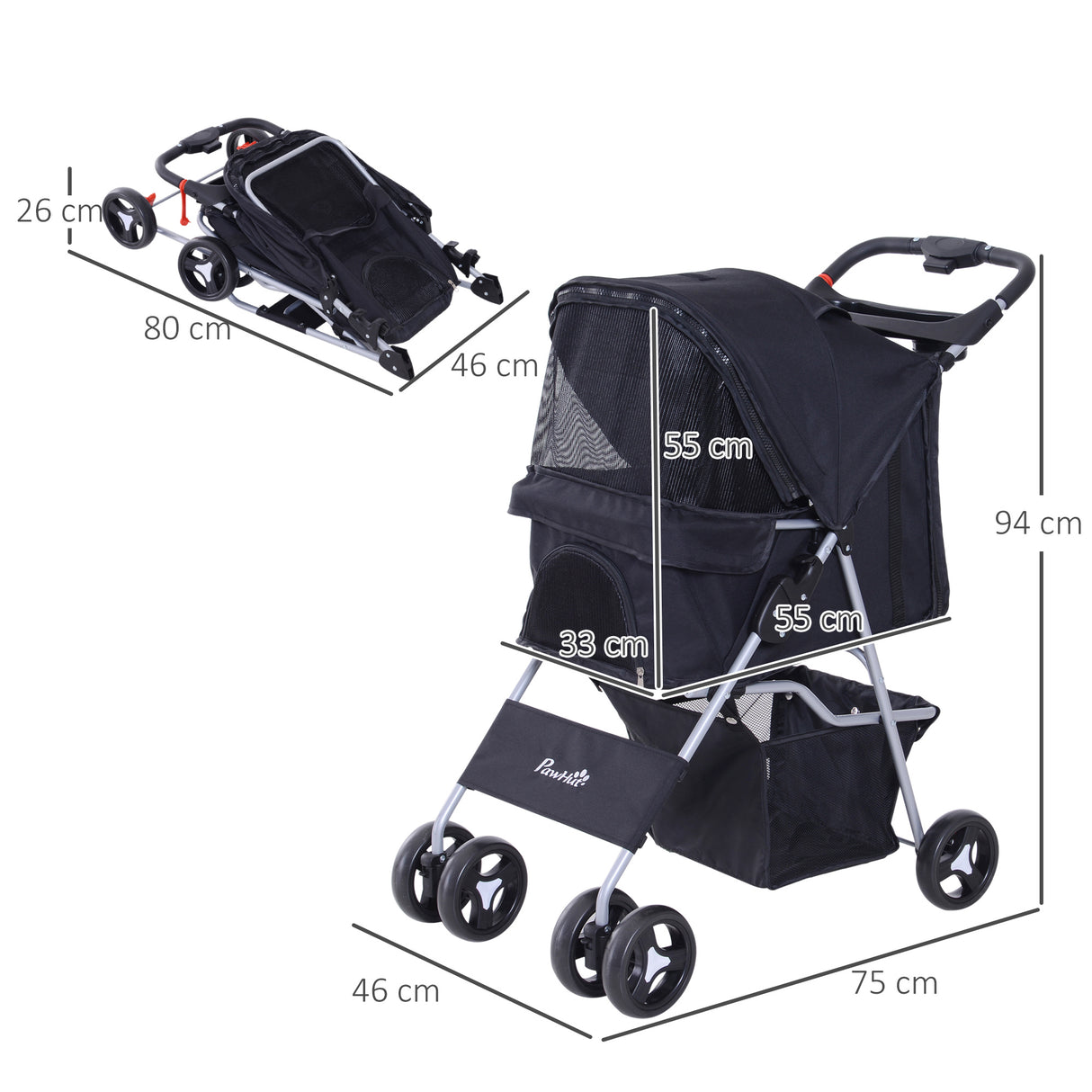 easycomfort easycomfort passeggino per animali domestici pieghevole nero 77x47x101cm