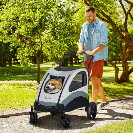 easycomfort passeggino per cani di taglia media con 4 ruote borsa portaoggetti e finestra a rete 107x72x102 cm grigio