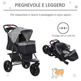easycomfort passeggino per cani pieghevole a 3 ruote con freno cestino portaoggetti e porta bottiglia in acciaio e oxford grigio e nero 109.5x54.5x106.5cm