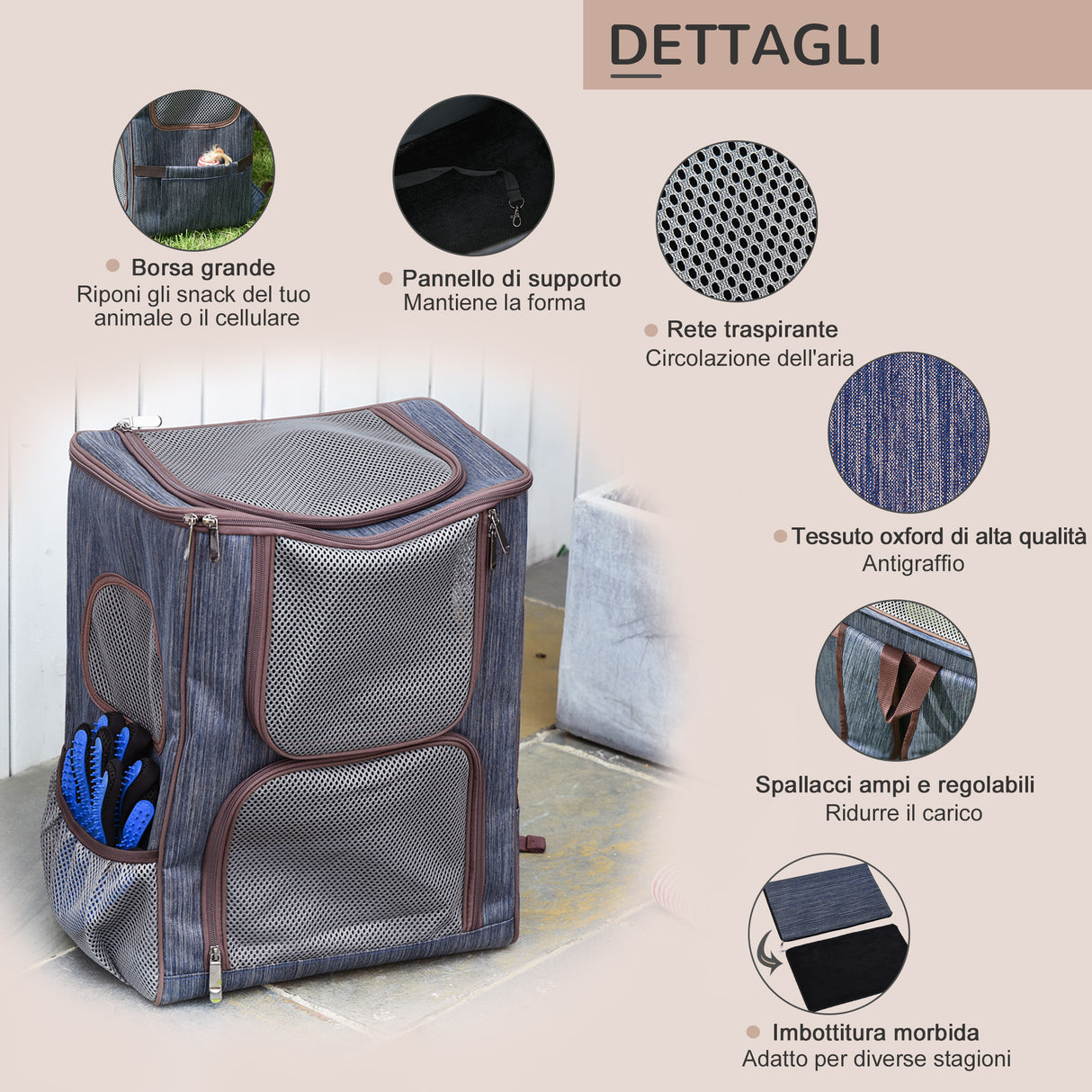 easycomfort zaino trasportino per cani e gatti in oxford cuscino rimovibile e lavabile con rete traspirante 35x28.5x45cm blu