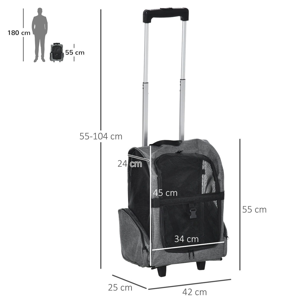 easycomfort trasportino zaino per cani e gatti con tasche laterali maniglia telescopica e ruote 42x25x55cm grigio
