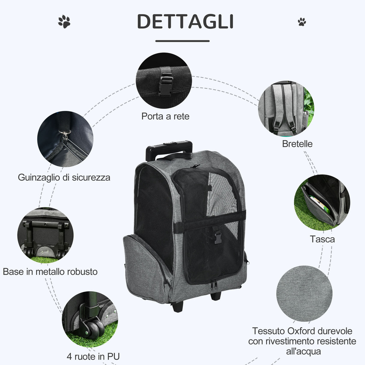 easycomfort trasportino zaino per cani e gatti con tasche laterali maniglia telescopica e ruote 42x25x55cm grigio