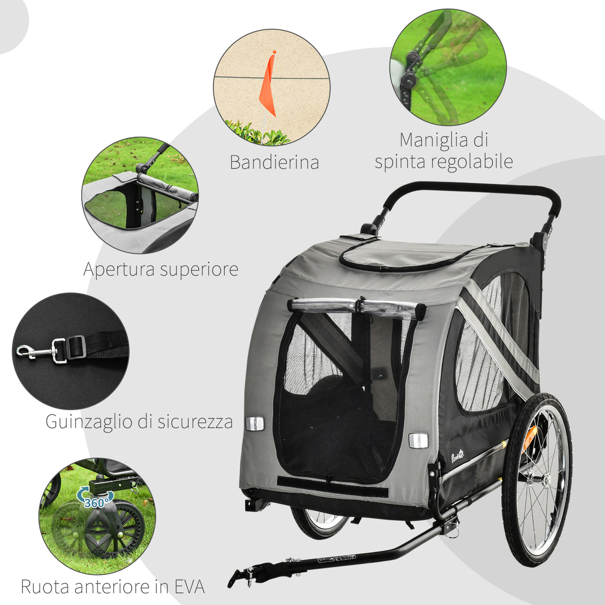 easycomfort rimorchio cani con ingresso a cerniera ruote e bandiera in acciaio e tessuto oxford grigio nero argento