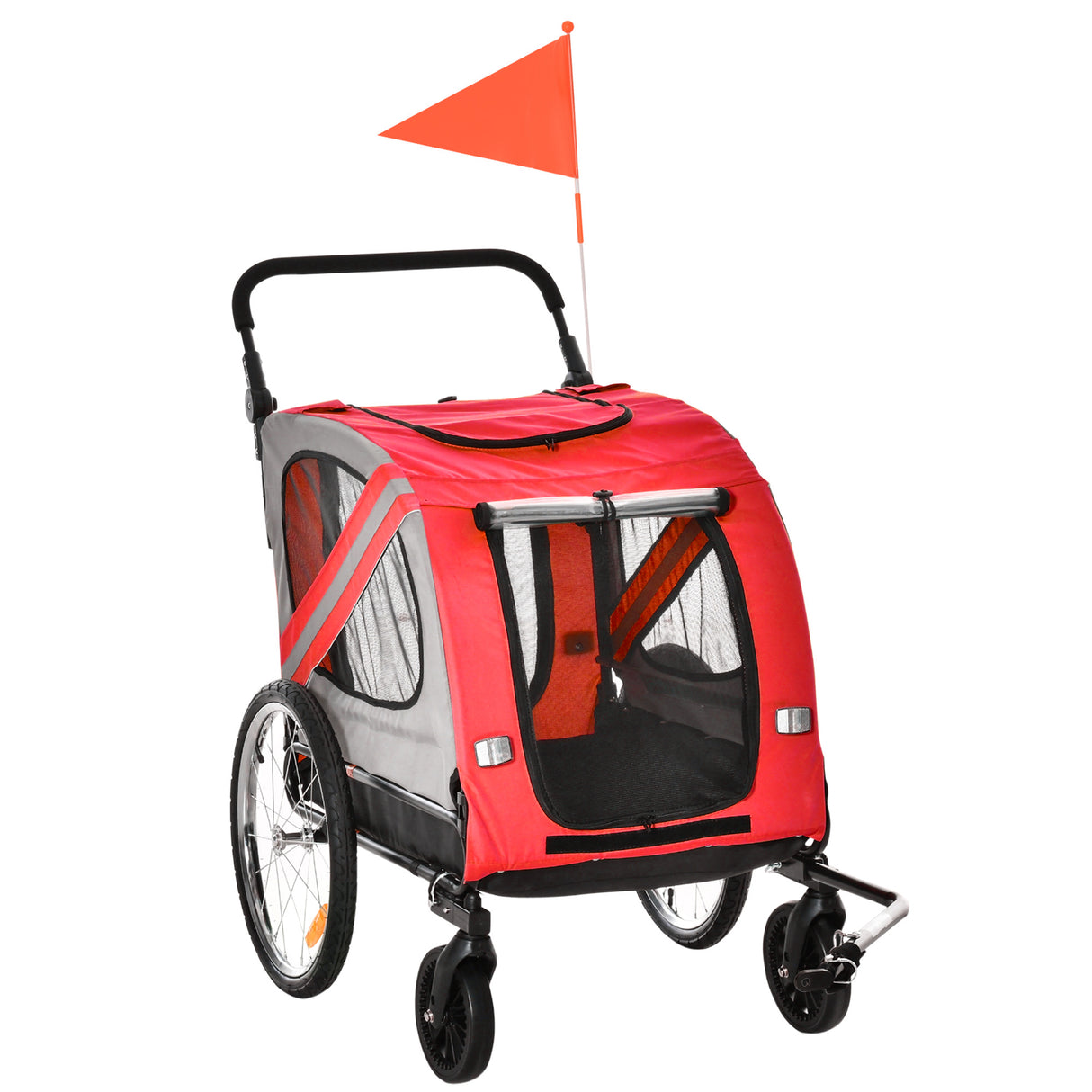 easycomfort rimorchio cani con ingresso a cerniera ruote e bandiera in acciaio e tessuto oxford rosso argento nero