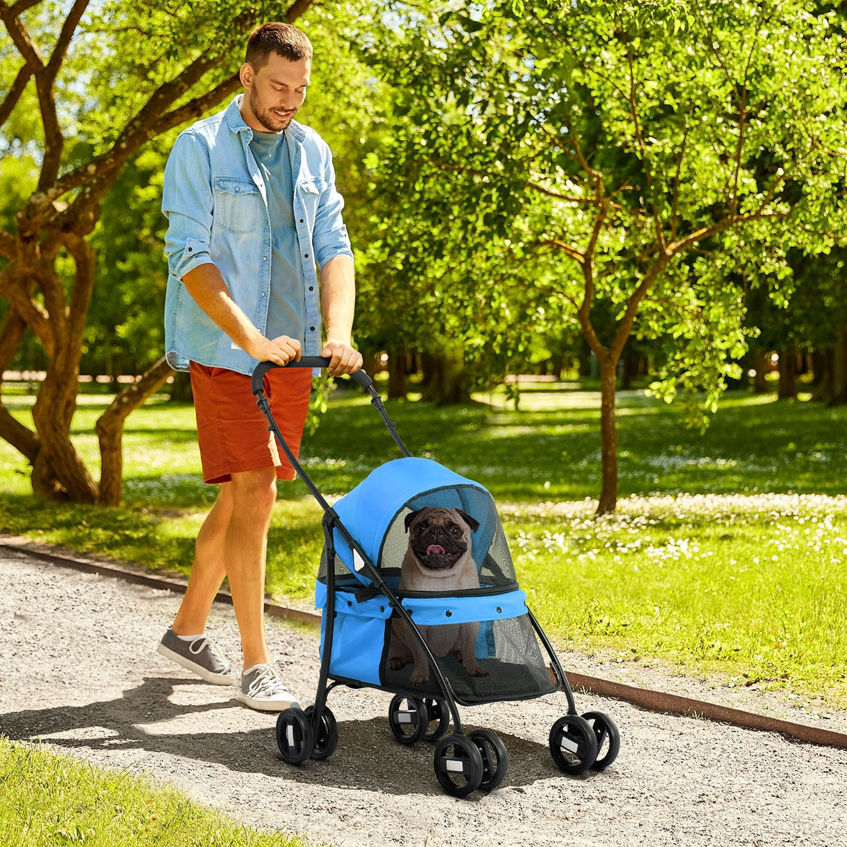 easycomfort passeggino per cani pieghevole con tettuccio regolabile e ruote girevoli 82x47x97cm blu