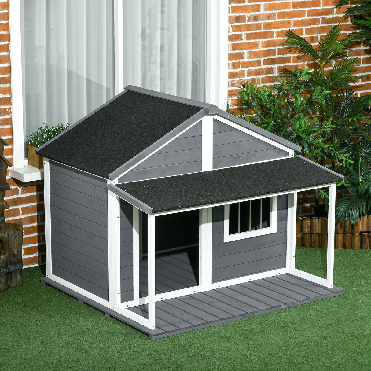 easycomfort easycomfort cuccia per cani da esterno con terrazza finestra e tetto impermeabile 124x112x105cm grigio