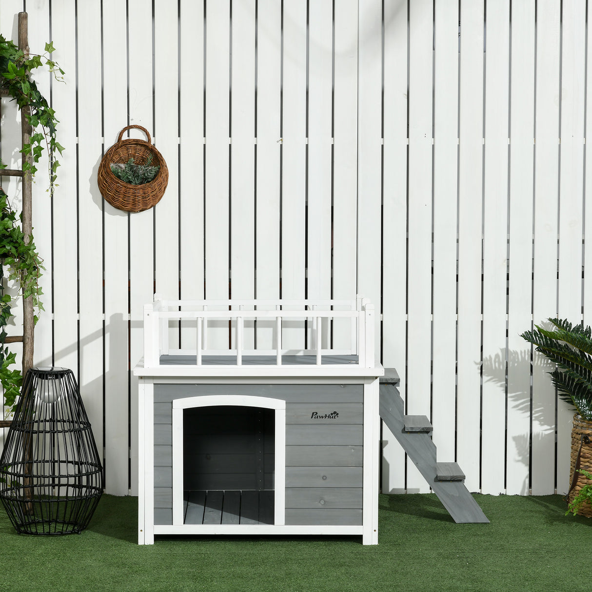 easycomfort easycomfort casetta per cani con terrazza scaletta e finestra 121x77x78cm grigio chiaro