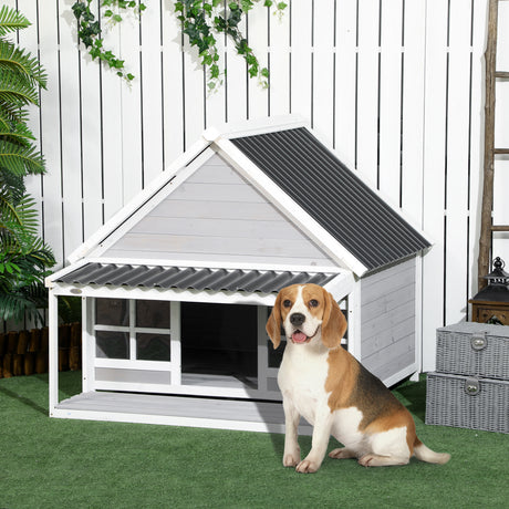 easycomfort easycomfort cuccia per cani da esterno in legno e pvc con portico e finestre 126x118x105cm grigio