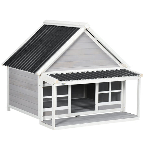 easycomfort easycomfort cuccia per cani da esterno in legno e pvc con portico e finestre 126x118x105cm grigio