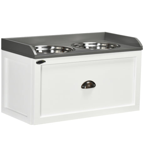 easycomfort ciotole per cani rialzate in acciaio inox e legno con cassetto 60x30x36cm bianco e grigio
