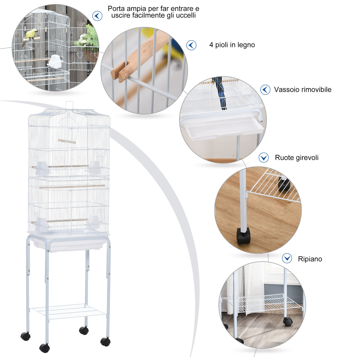 easycomfort easycomfort gabbia per uccelli voliera in metallo e acciaio con ruote trespoli e ciotole 46 5x36x157cm bianco