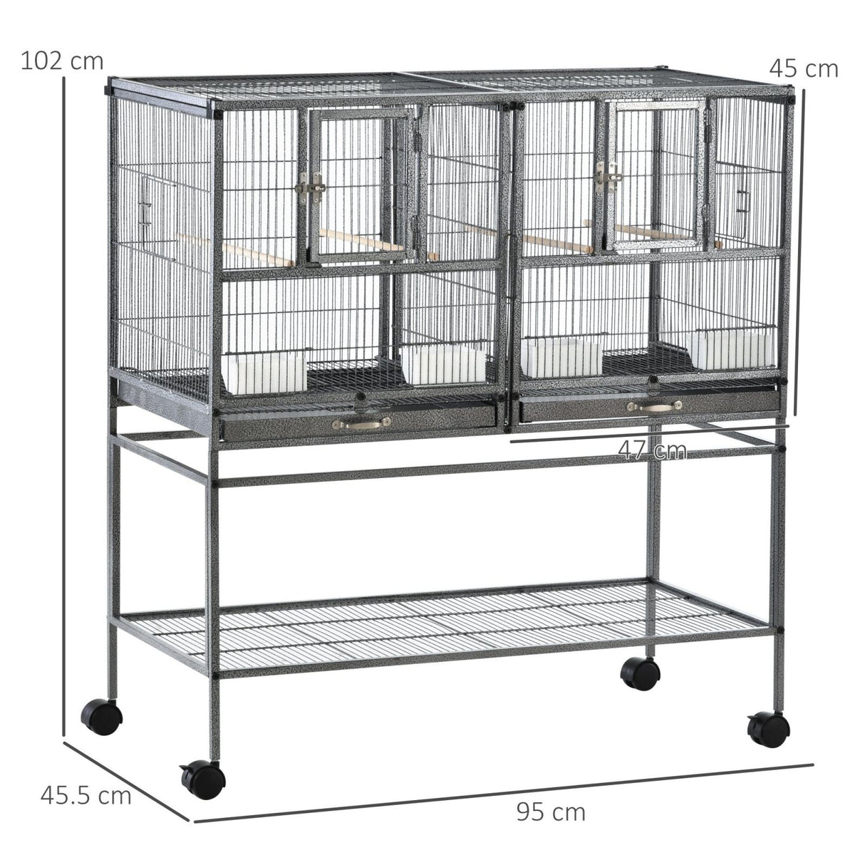 easycomfort doppia gabbia per uccelli in metallo con vassoi estraibili supporto con 4 ruote e ripiano 95x45.5x102cm grigio