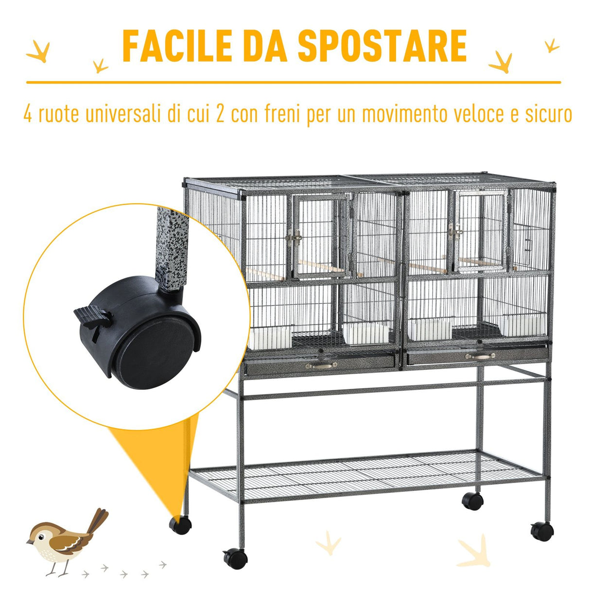 easycomfort doppia gabbia per uccelli in metallo con vassoi estraibili supporto con 4 ruote e ripiano 95x45.5x102cm grigio