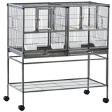 easycomfort doppia gabbia per uccelli in metallo con vassoi estraibili supporto con 4 ruote e ripiano 95x45.5x102cm grigio